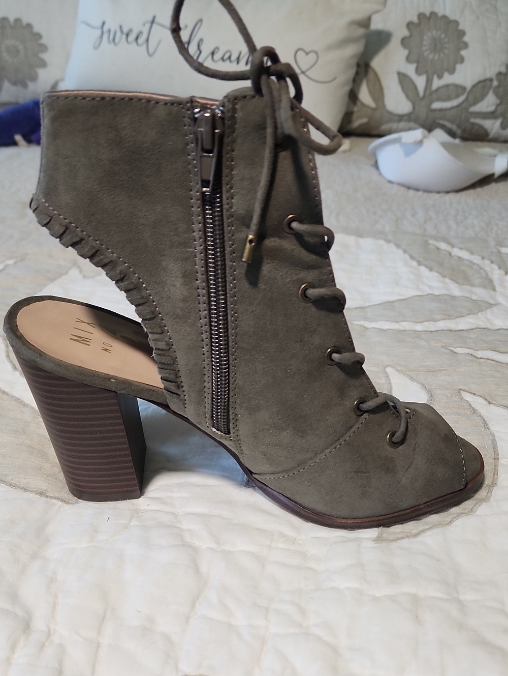 Mix No. 6 Olive Suede Lace-Up Peep-Toe Block Heel Bootie